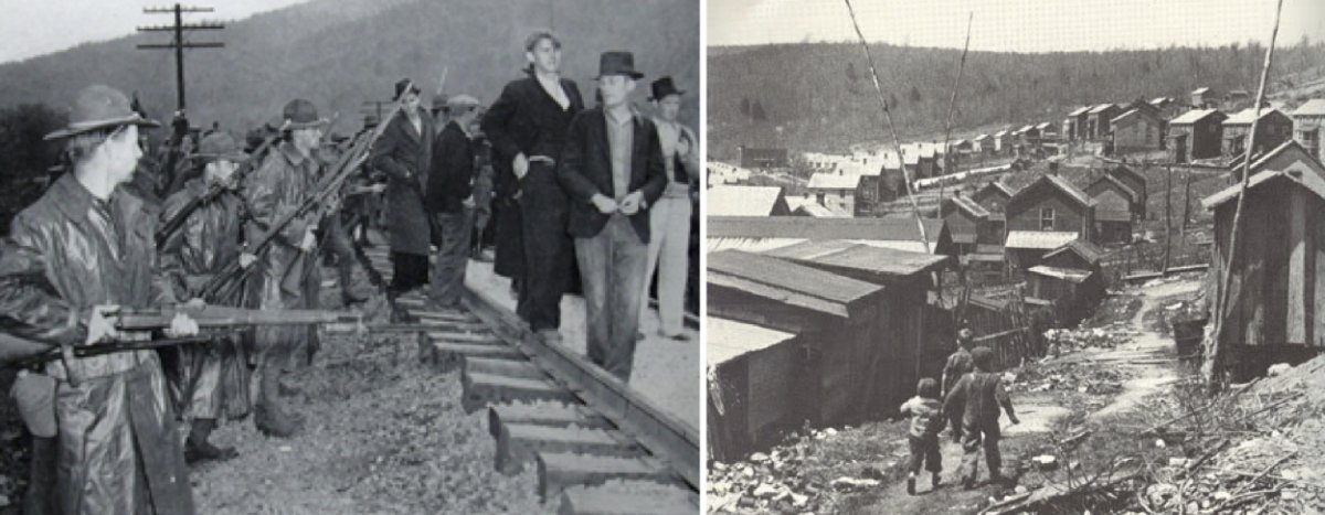 On the left, guards keeping strikers at bay in Harlan County in 1937. On the right, Harlan County miner’s homes in the 1930s.