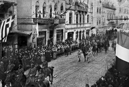 Allied troops occupying Constantinople marching along the Grande Rue de Péra.