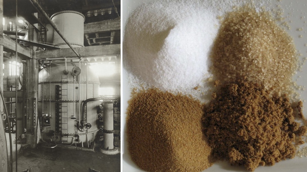 On the left, a 1918 image shows the interior of a Western Sugar refinery. On the right, sugar today.