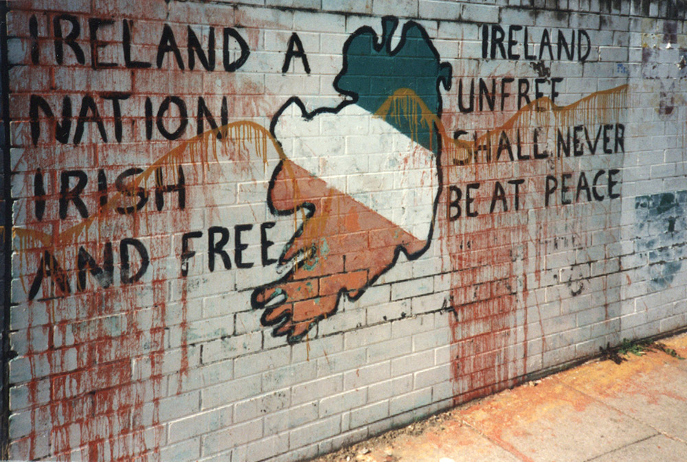Republican graffiti in Derry, 1986: 'Ireland A Nation Irish and Free / Ireland Unfree Shall Never Be At Peace.'