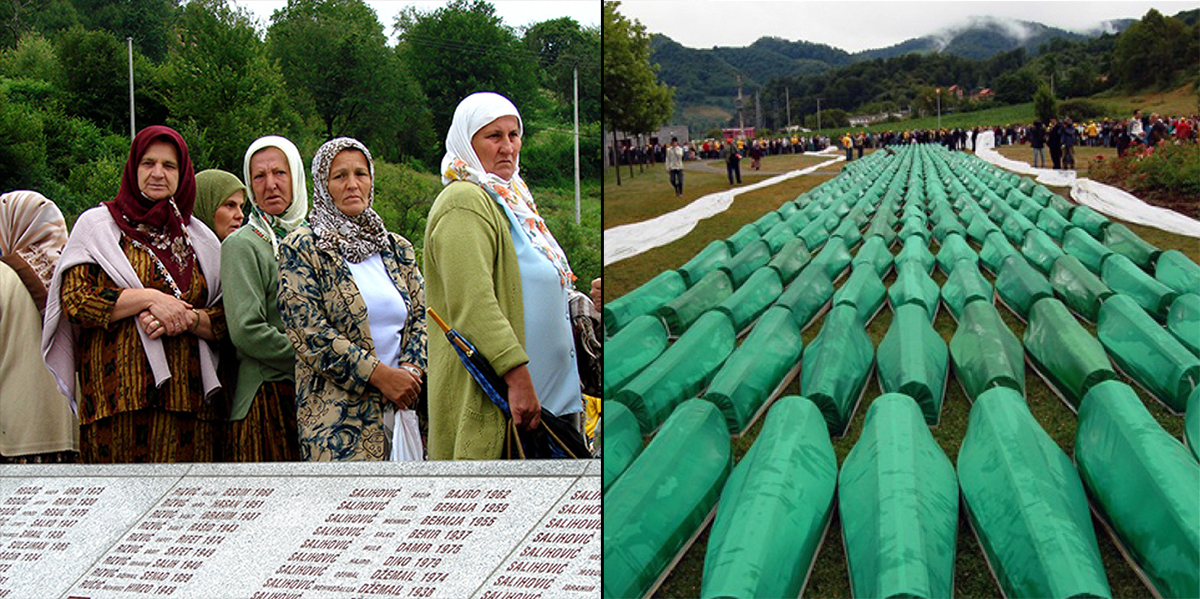 On the left, Bosniak women participate in a reinterment and memorial ceremony. On the right, identified Bosniak victims are buried.