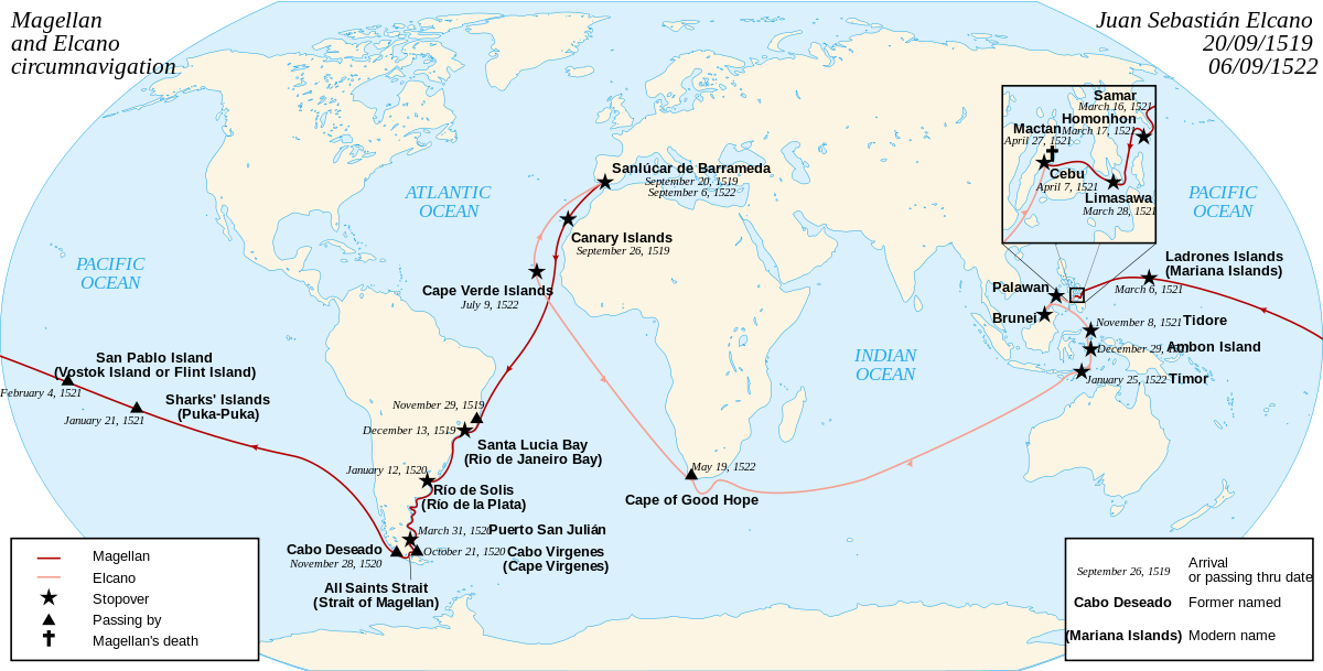 Map showing the route and chronology of the circumnavigation voyage from 1519 to 1522