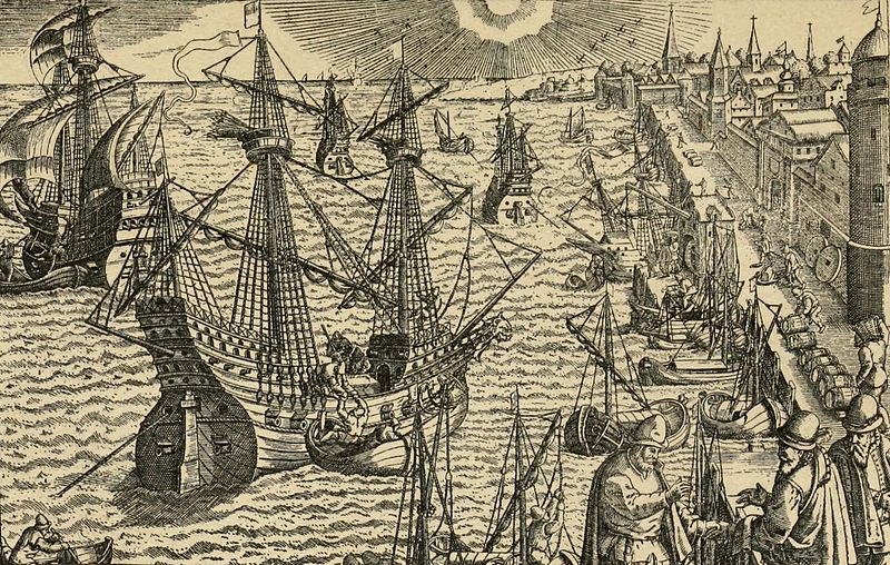 A 19th-century illustration of Magellan's armada preparing to set sail in 1519.