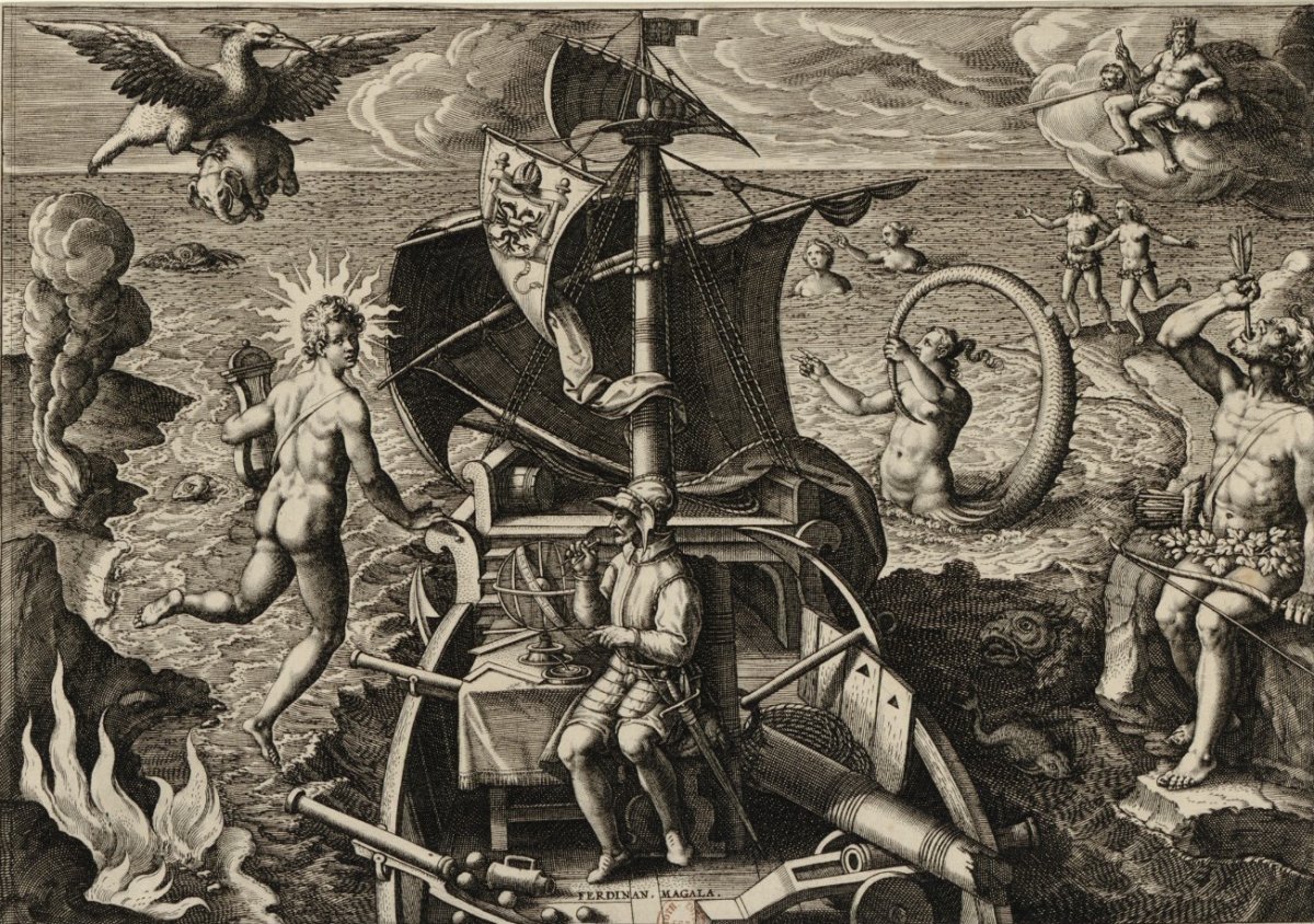 An engraving (c. 1580–1618) of Magellan crossing the Strait that would bear his name