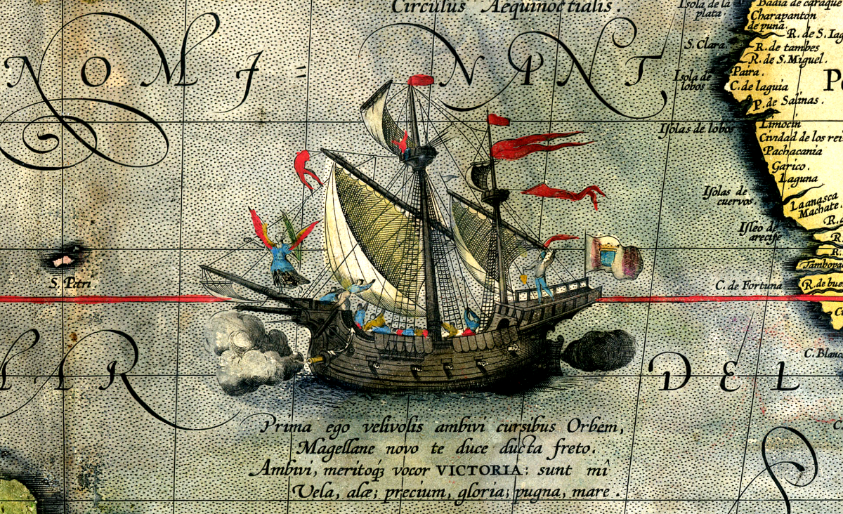 Detail of a 1590 map showing the Victoria, the only ship from the armada to successfully circumnavigate the earth