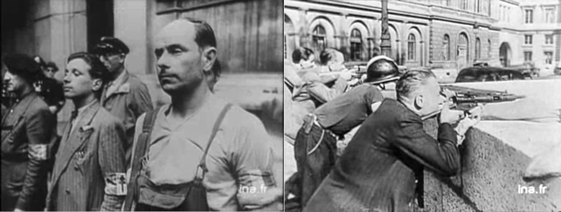 On the left, members of the Paris Resistance who participated in the liberation of Paris, August 1944. On the right, resistance fighters fire on German soldiers in Paris, August 1944.