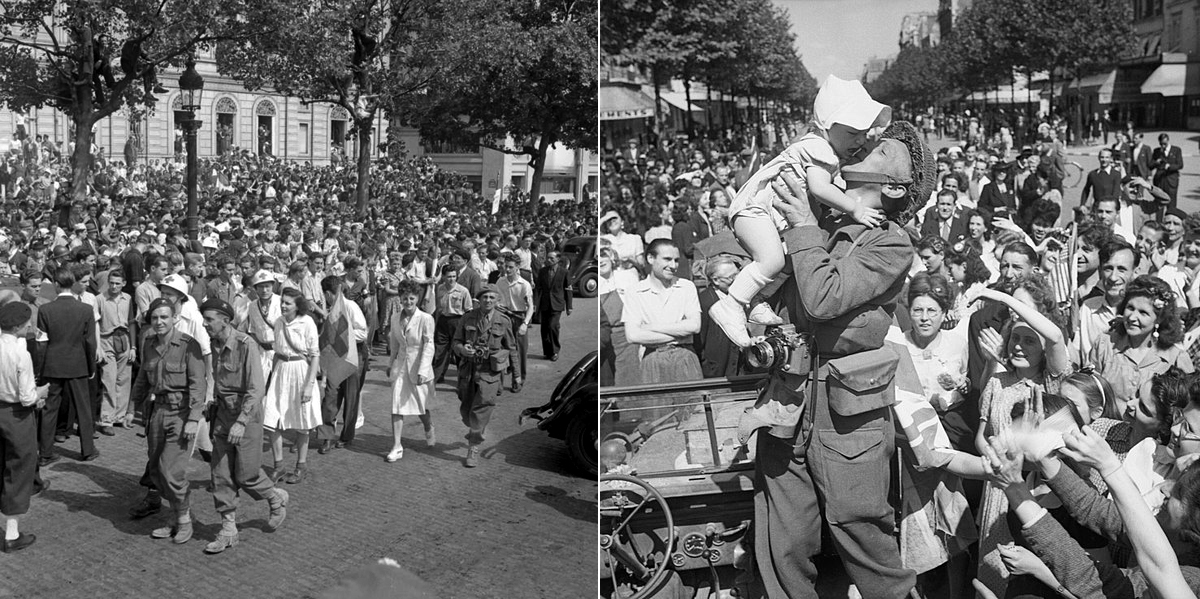 On the left, the residents of Paris throng the streets to greet the arrival of Allied troops after liberation, August 1944. On the right, a photographer with the U.S. Army Film and Photographic Unit kisses a small child in Paris, 26 August 1944.