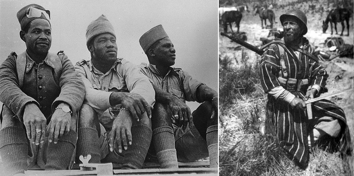 On the left, three African soldiers in the Free French Foreign Legion, 1942. On the right, a Moroccan soldier in the French Army at Monte Cassino, Italy, 1944.