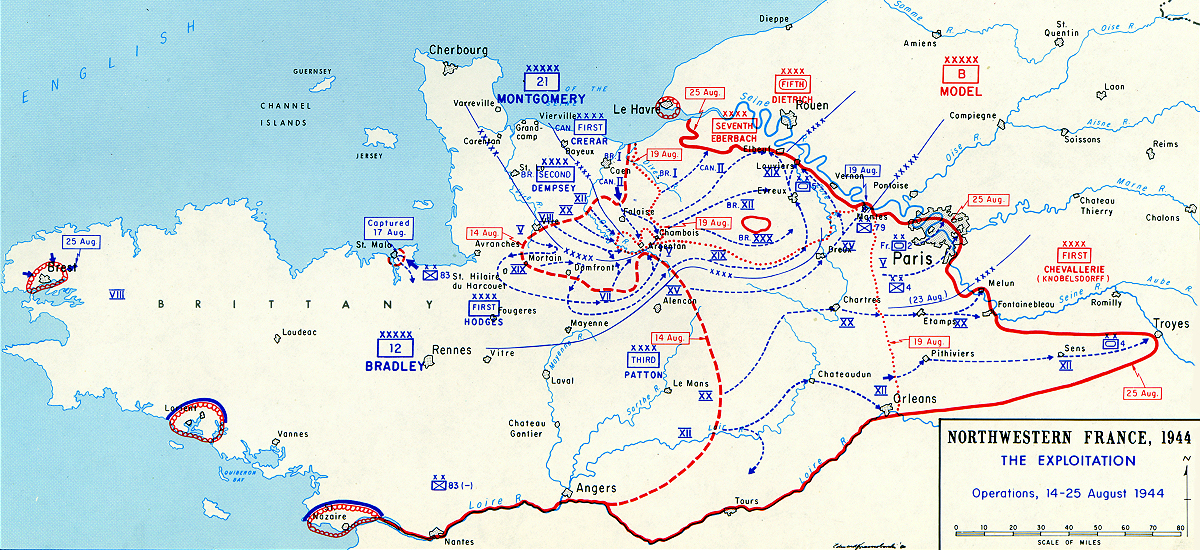 The Allied advance from Normandy to Paris, 14-25 August 1944.