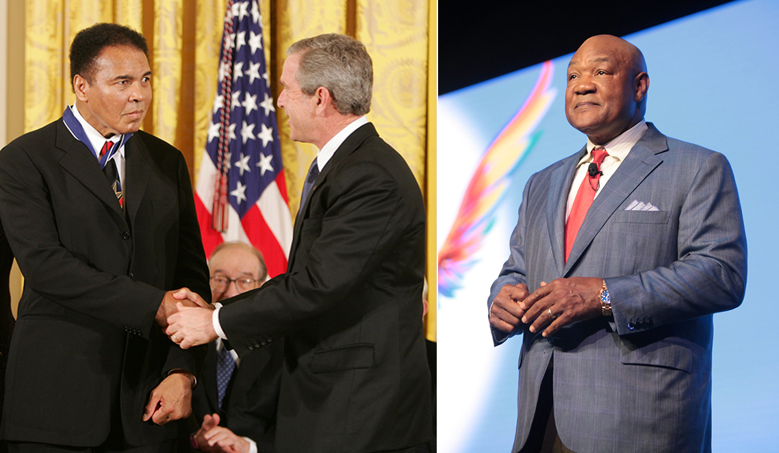 On the left, Muhammad Ali receives the Presidential Medal of Freedom from President George W. Bush. On the right, George Foreman speaking at the 2016 FreedomFest.