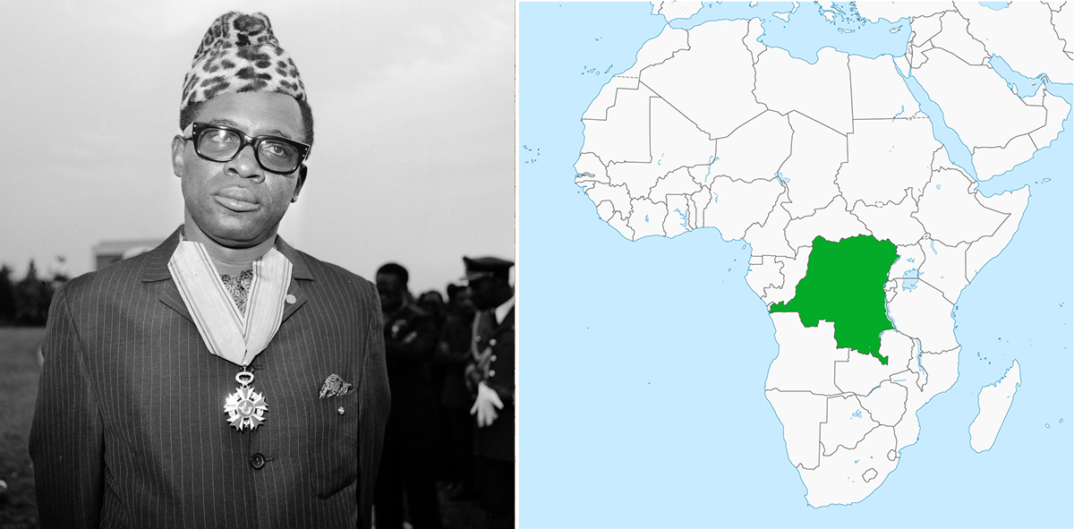 On the left, President Mobutu Sese-Seko of Zaire, 12 August 1973. On the right, the location of Zaire (now the Democratic Republic of the Congo) within Africa.