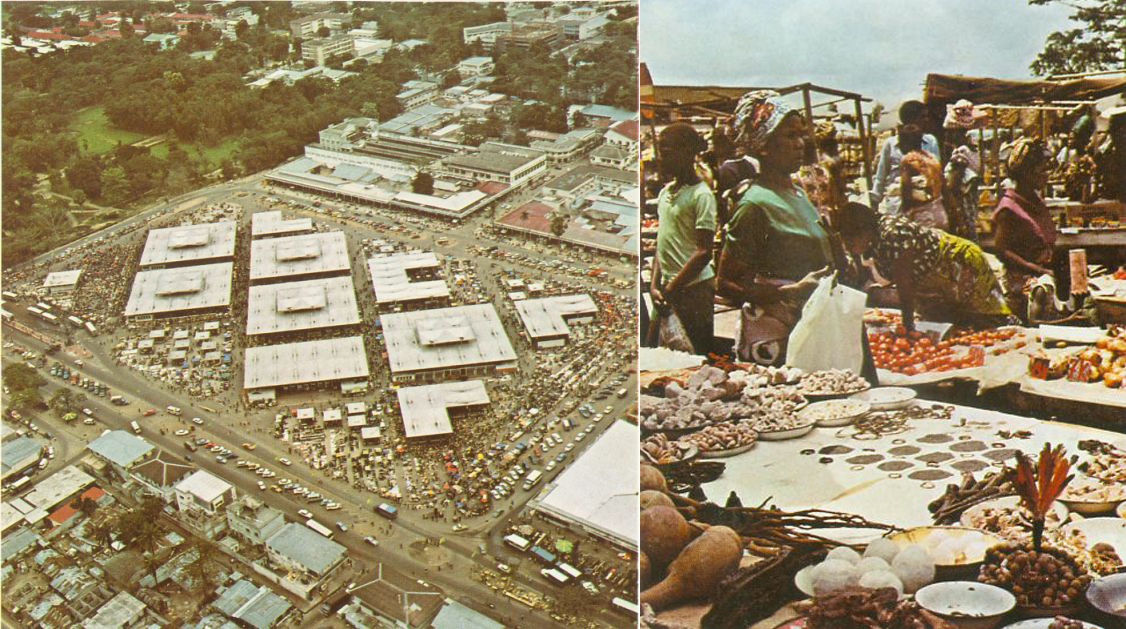 On the left, the central market of Kinshasa, Congo in 1974. On the right, a woman shopping in Kinshasa's central market, 1974.
