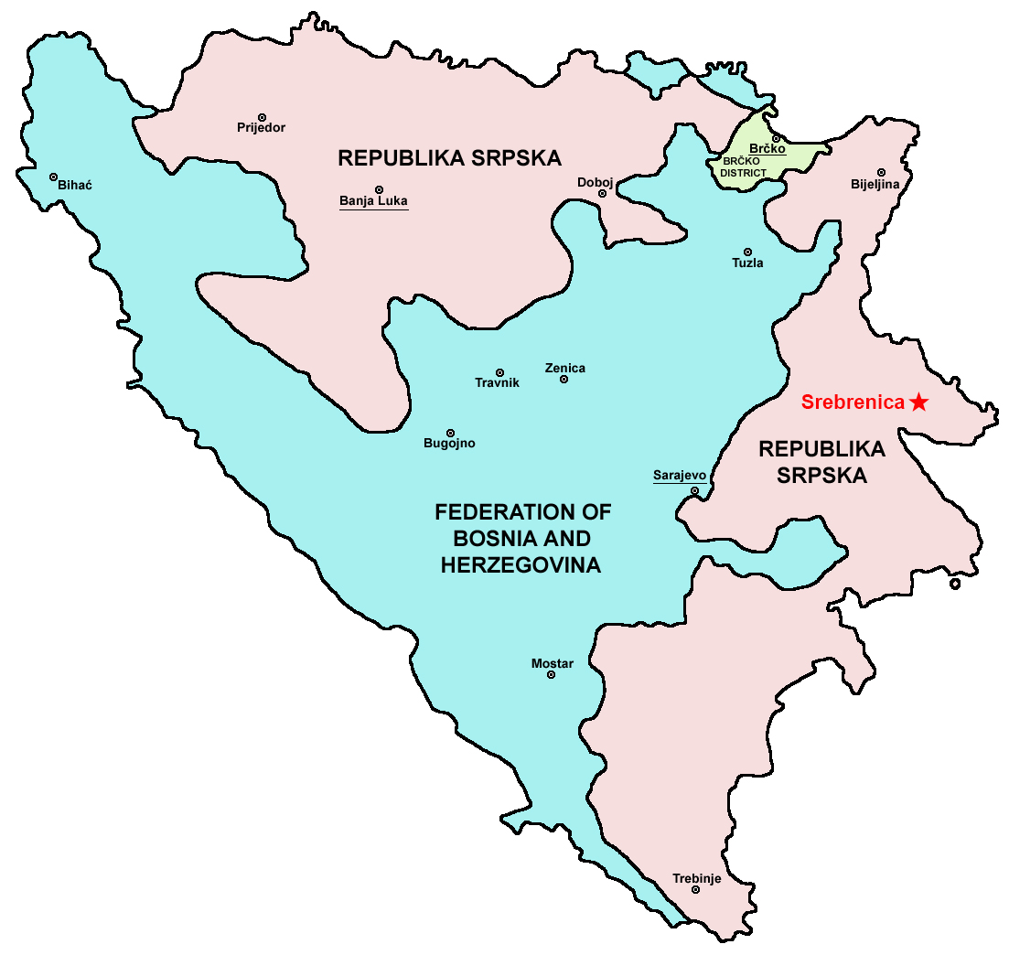 Map of Bosnia-Herzegovina showing the Federation of Bosnia and Herzegovina, Republika Srpska, and the location of Srebrenica.