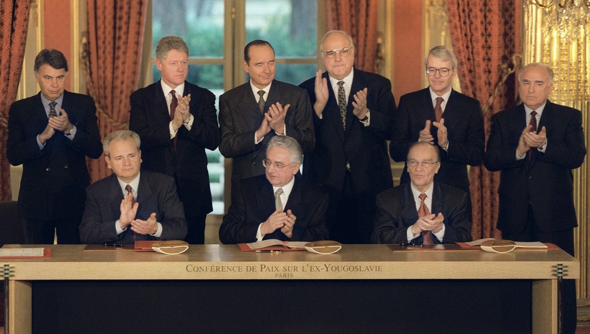 President of Serbia Slobodan Slobodan Milošević, President of Croatia Franjo Tuđman, and President of Bosnia and Herzegovina Alija Izetbegović.