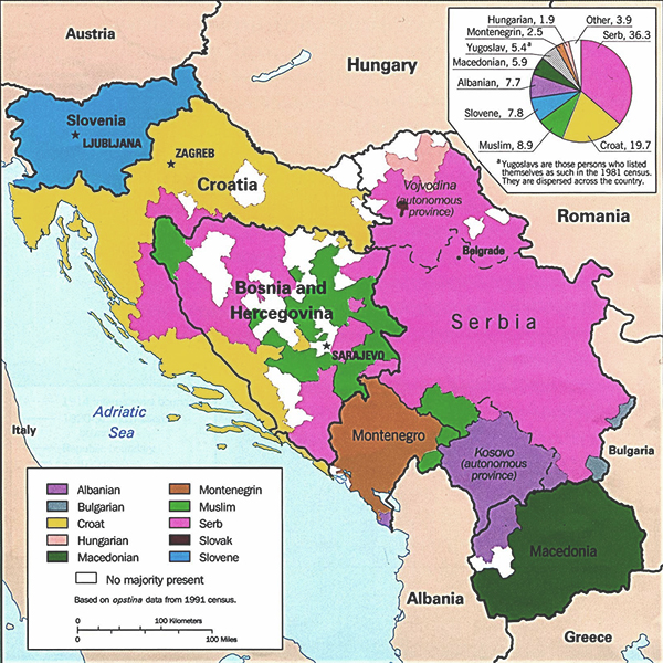 Ethnic map of the former Yugoslavia based on 1991 census data.