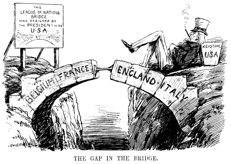 'The Gap in the Bridge,' a satirical British cartoon from 1919 depicting America's rejection of the Treaty of Versailles.