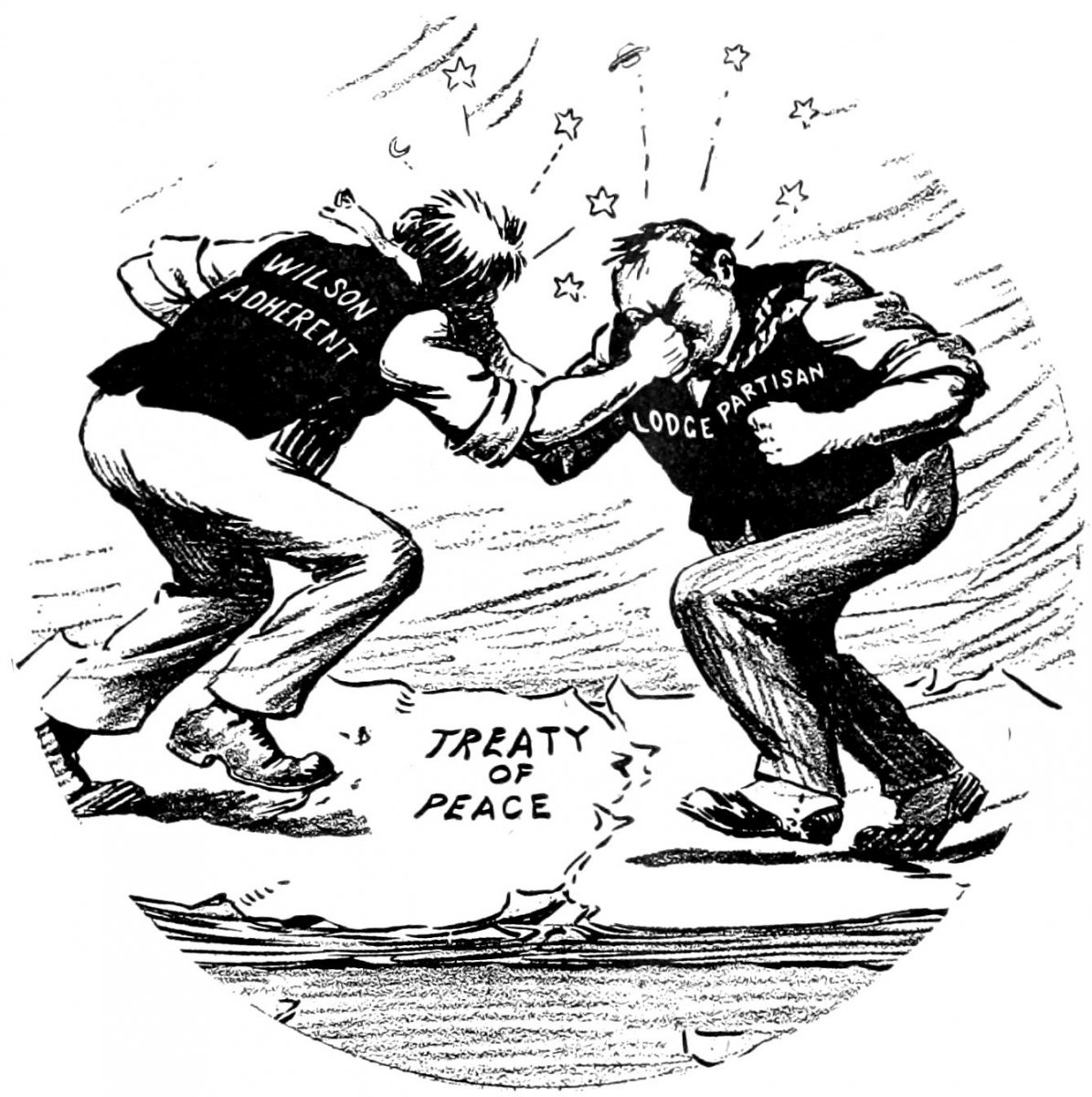 'Getting Together on the Peace Treaty,' a 1920 cartoon depicting a brawl between supporters of Wilson and Lodge.