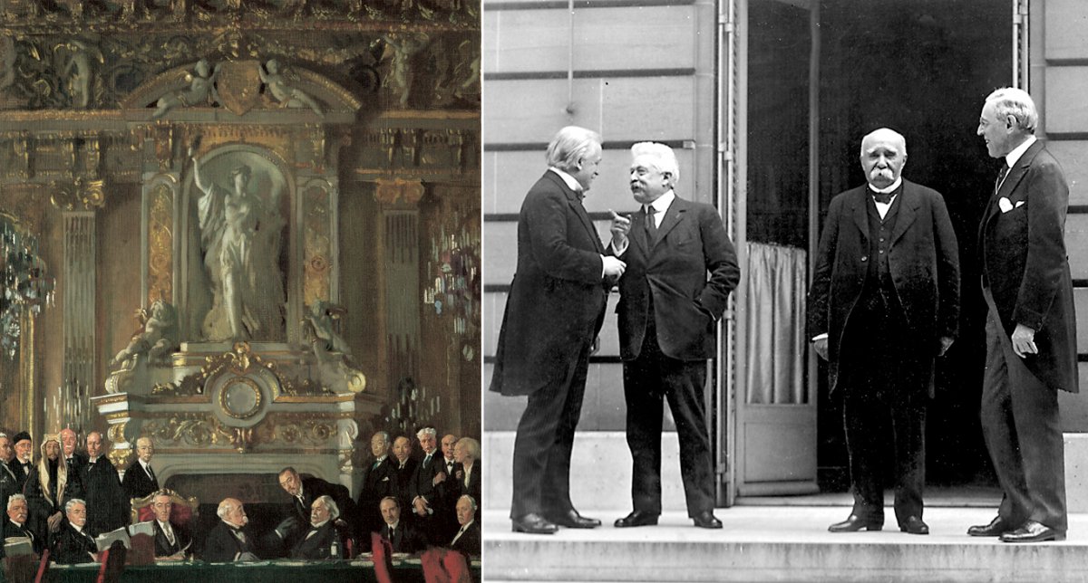 On the left, 'A Peace Conference at the Quai d'Orsay,' by William Orpen. On the right, the 'Big Four' at the WWI Paris peace conference, May 27, 1919.