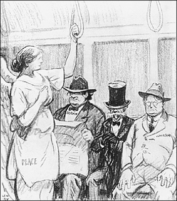 'Refusing to Give the Lady A Seat,' a cartoon depicting the figure of peace as a beautiful woman being denied a seat on a train.
