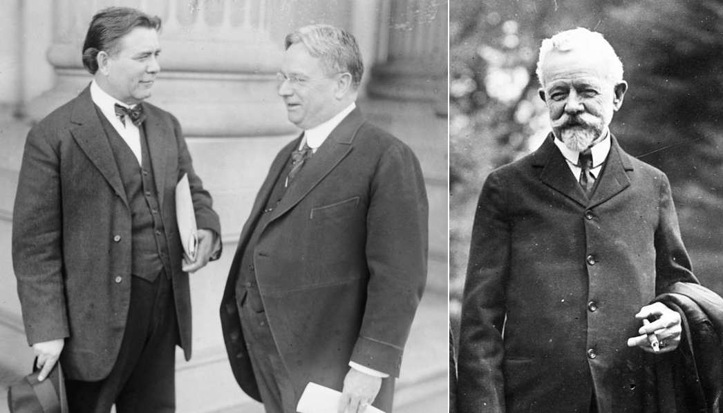 On the left, Senators William Borah and Hiram Johnson. On the right, Senator Henry Cabot Lodge.