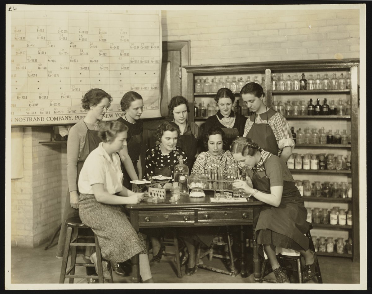 A photograph of the Wilson College chemistry club in Chambersburg, PA circa 1937 shows an example of the Van Nostrand Company periodic table visible in the background.