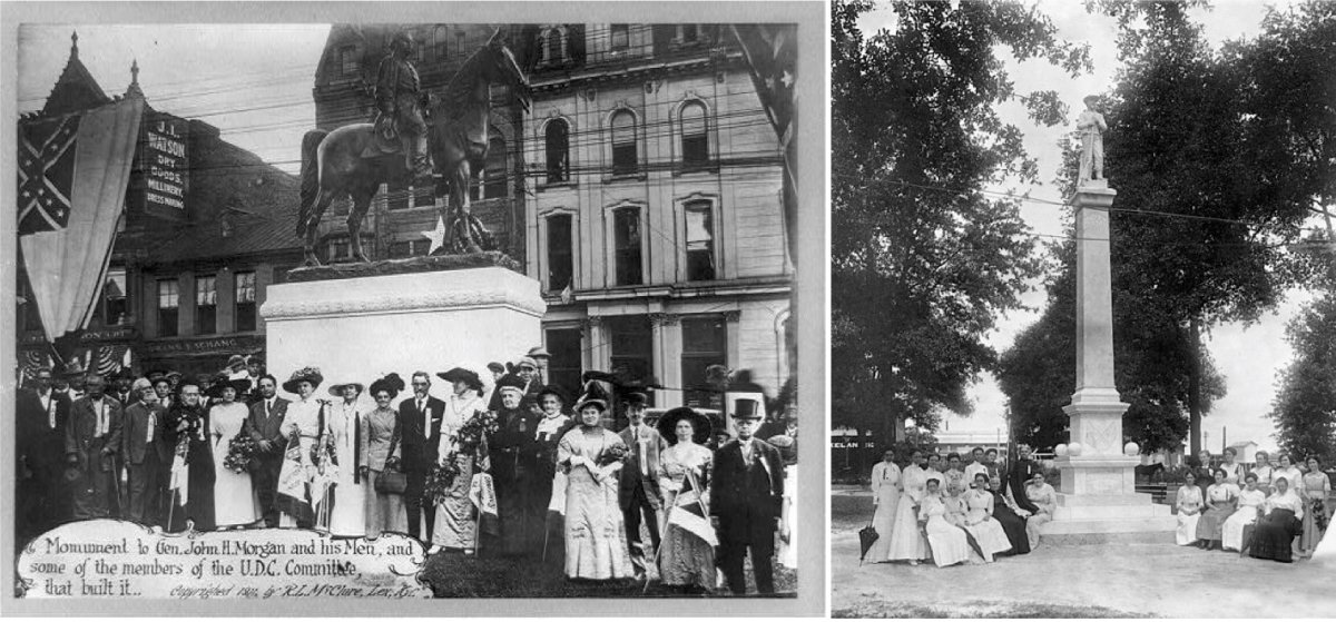 On the left, members of the United Daughters of the Confederacy dedicated this monument to Kentucky native and Confederate General John H. Morgan and his 2nd Kentucky Cavalry Regiment in 1911. On the right, members of the United Daughters of the Confederacy around the monument they sponsored in Lakeland, FL in 1915.