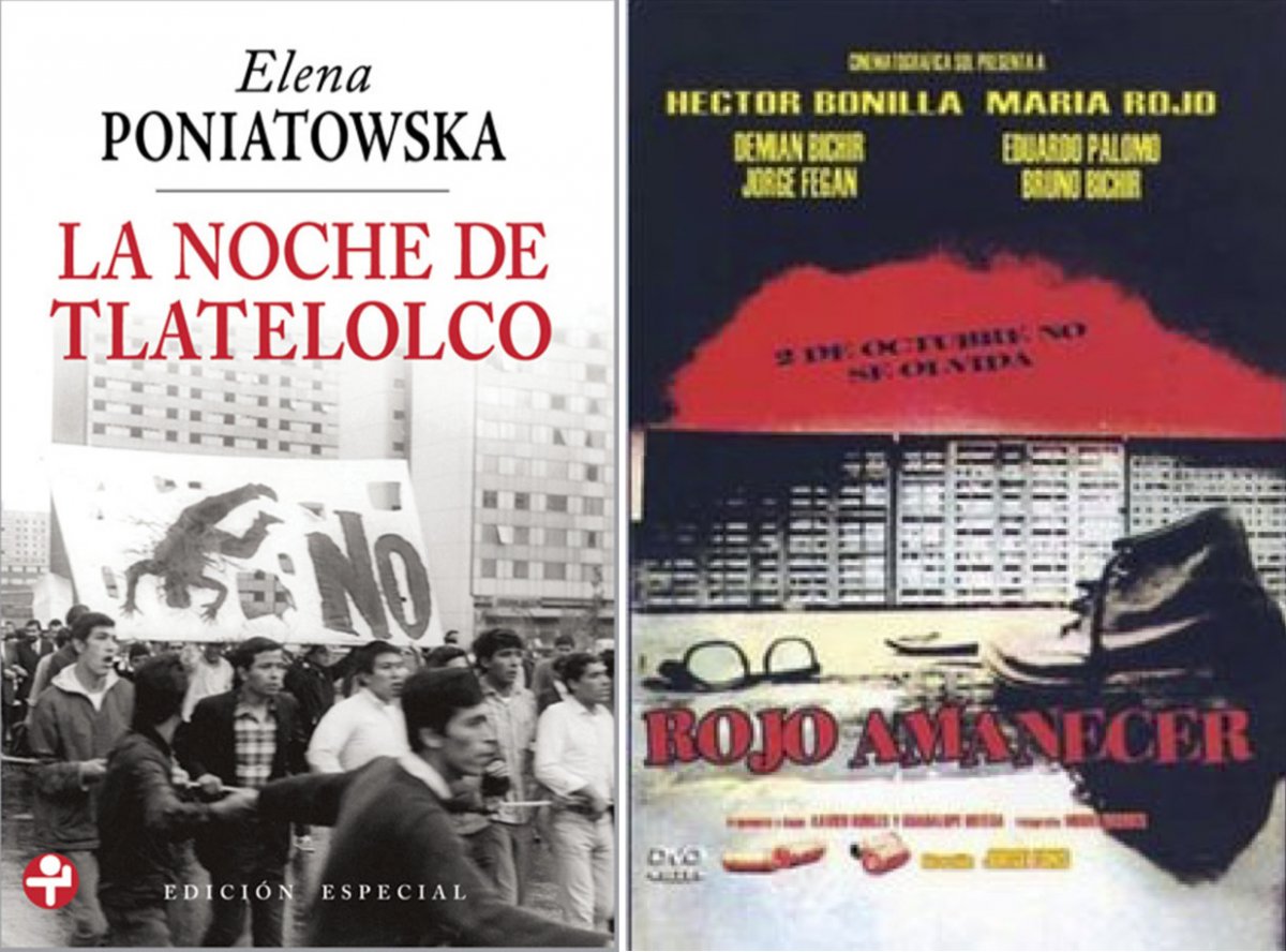 On the left, Elena Poniatowska’s 1975 work, La Noche de Tlatelolco. On the right, the 1988 film Rojo Amanecer.