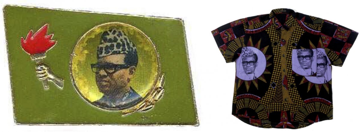 On the left, a political badge with the image of Joseph-Désiré Mobutu. On the right, a shirt with Joseph-Désiré Mobutu’s portrait printed on it.