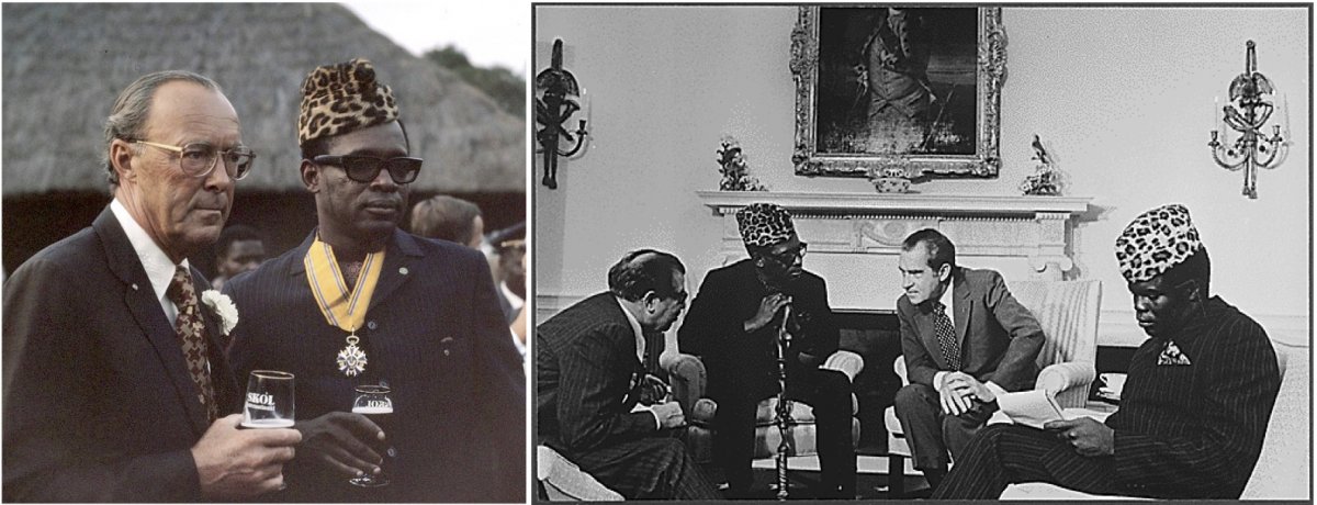 On the left, Joseph-Désiré Mobutu and Dutch Prince Bernhard. On the right, Mobutu and President Richard Nixon.