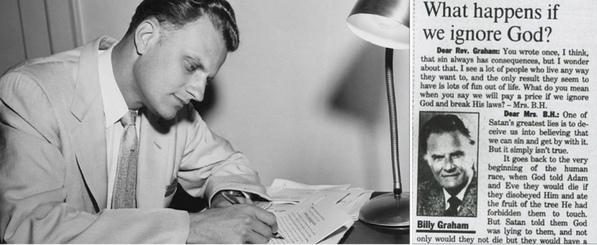 On the left, Billy Graham writing his column, 'My Answer.' On the right, a newspaper clipping of the column.