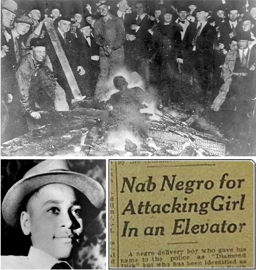 A mob hung, shot, and burned William Brown in Omaha, Nebraska in 1919 (top), fourteen-year-old Emmett Till (left), and a 1921 newspaper article encouraging violence after a black teen allegedly assaulted a white teen in Tulsa, Oklahoma (right).