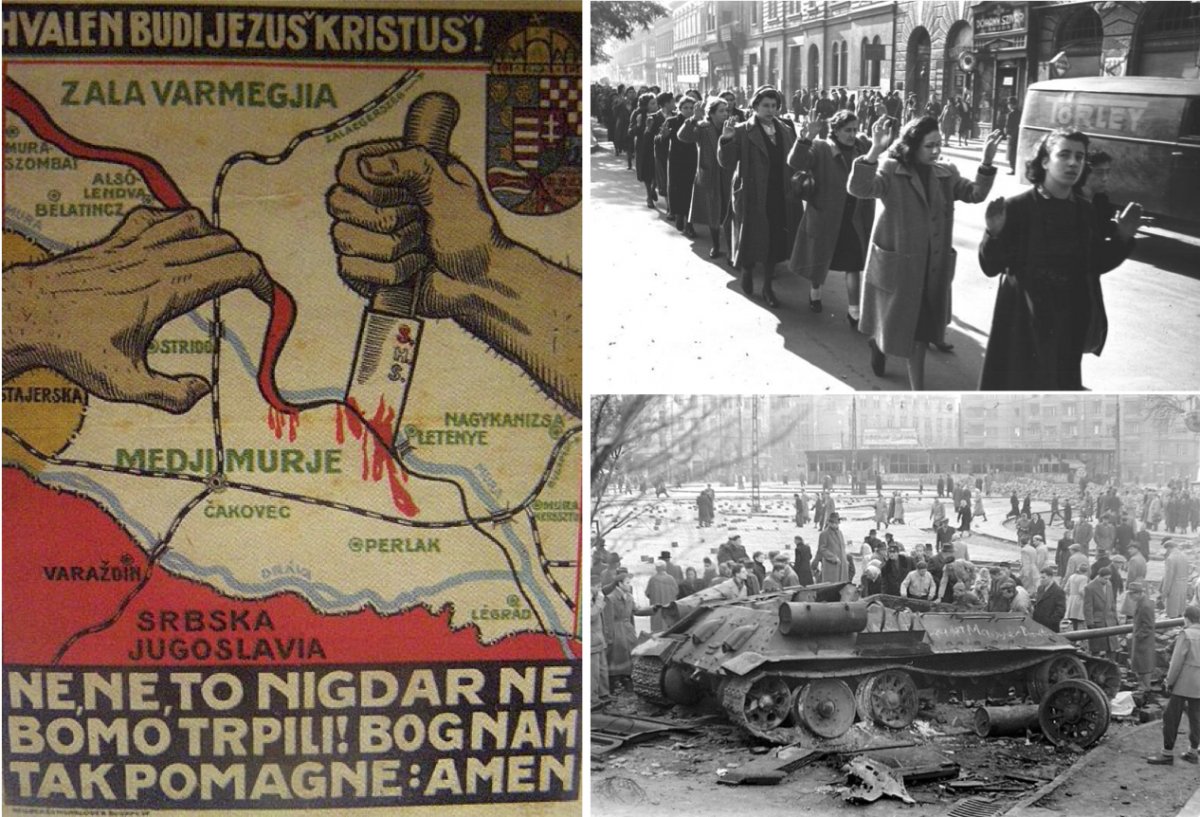 On the left, a Hungarian poster against the Trianon Treaty. On the top right, Hungarian Jews being arrested in Budapest during Nazi occupation. On the bottom right, a destroyed Soviet tank in Budapest during the 1956 Revolution.