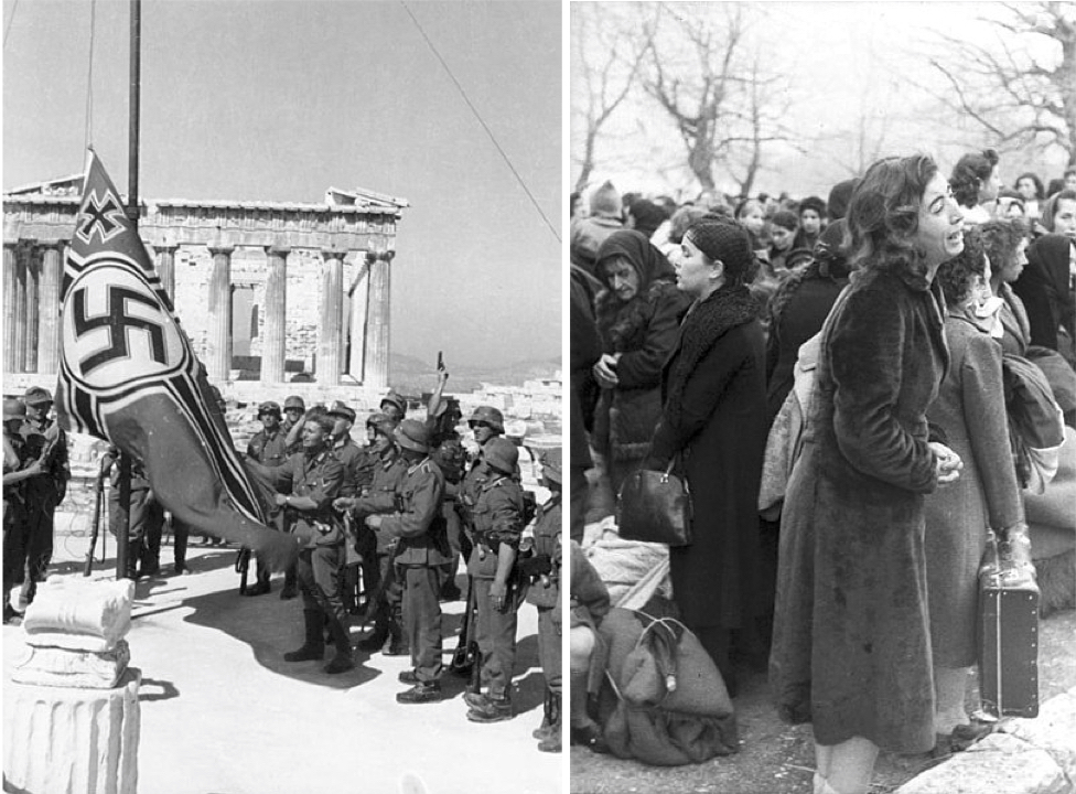 On the left, German soldiers raising their flag over the Acropolis. On the right, a crowd during the deportation of one of the oldest Jewish communities in Greece.