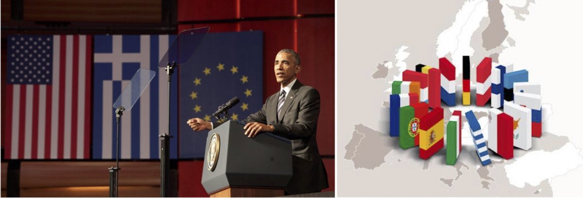 On the left, U.S. President Barack Obama speaking in Athens, Greece. On the right, a graphic presented by the Dutch government in 2011 about the European sovereign debt crisis.