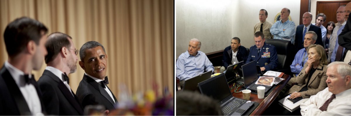 On the left, President Barack Obama at the White House Correspondents’ Association Dinner. On the right, the White House Situation Room during Operation Neptune's Spear.