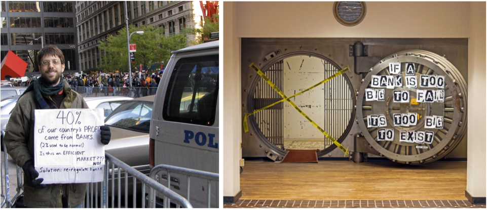 On the left, a protestor at the Occupy Wall Street Protests in 2011 with a sign calling for the re-regulation of banks. On the right, a vault at the former Poughkeepsie Savings Bank in Poughkeepsie, NY.