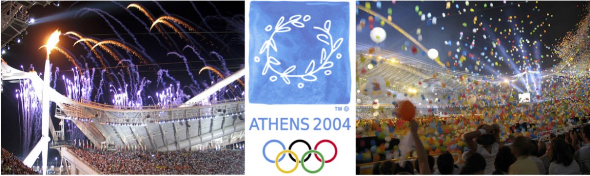 On the left celebrations during the 2004 Summer Olympics in Athens, Greece. In the middle, the logo for the games. On the right, celebrations during the 2004 Summer Olympics in Athens, Greece.
