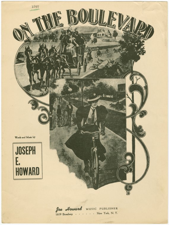 This is an advertisement for 'On the Boulevard,' a song about cycling published in 1897.