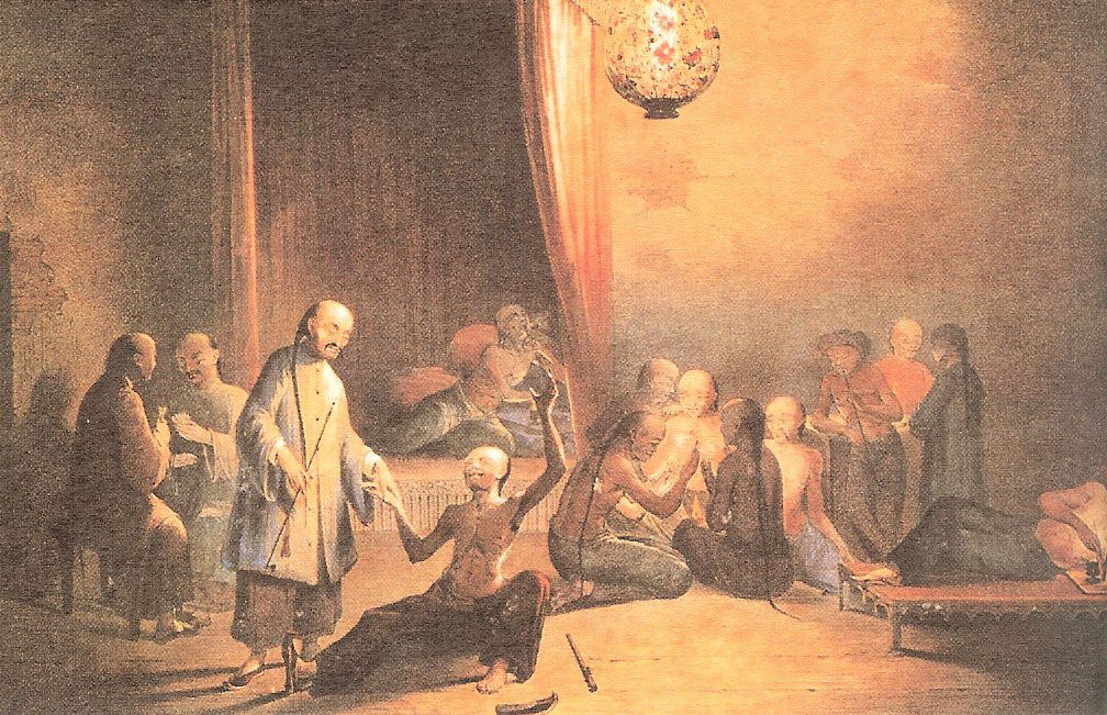 Depiction of an opium den painted by a Western artist.