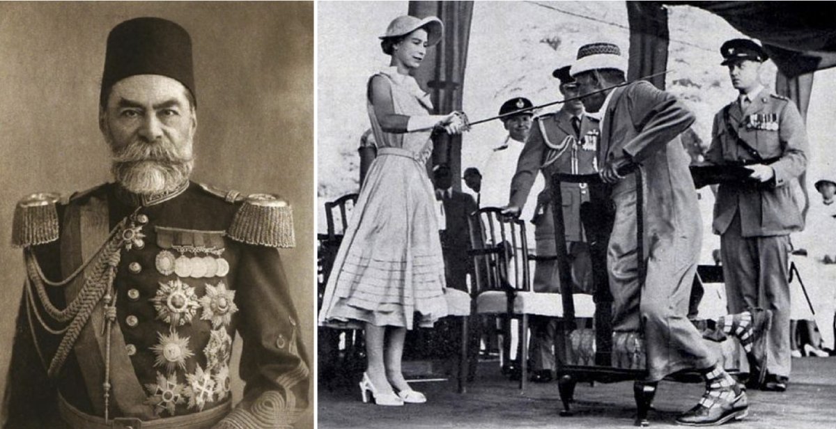 On the left, Ahmed Muhtar Pasha, the Ottoman Grand Vizier of Yemen, in 1912. On the right, Queen Elizabeth in Aden, Yemen knighting Sayyid Abubakr in 1954.