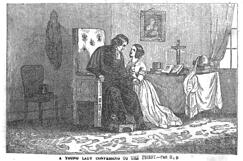 An 1854 depiction of a woman confessing to a priest.