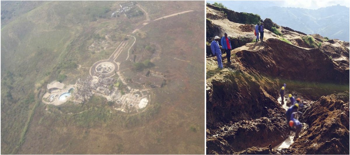 On the left, one of President Mobutu’s palaces in disrepair. On the right, artisanal miners at a Tantalum mine in Congo.