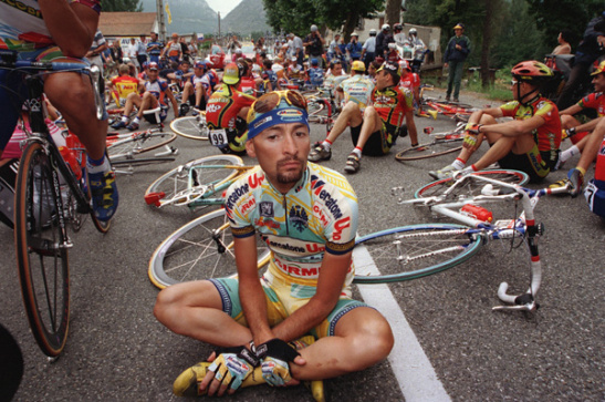 Bicyclists 'sit down' in protest during the 1998 Tour de France.