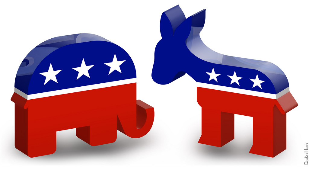Republican and Democratic Party symbols.