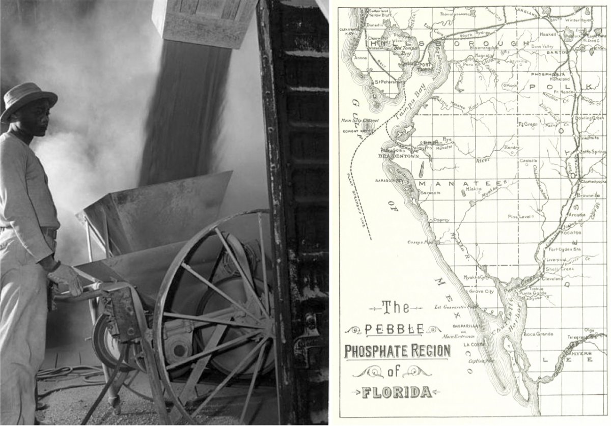 On the left, A worker watching the loading of powder fine phosphate in Mulberry, FL in 1947. On the right, An 1892 map of phosphate deposits on the western edge of Florida