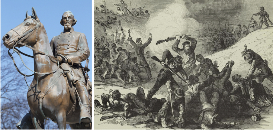 On the left, a statue of Confederate General Nathan Bedford Forrest in Memphis, Tennessee. On the right, an 1864 depiction of the Fort Pillow Massacre in Frank Leslie’s Illustrated Newspaper.