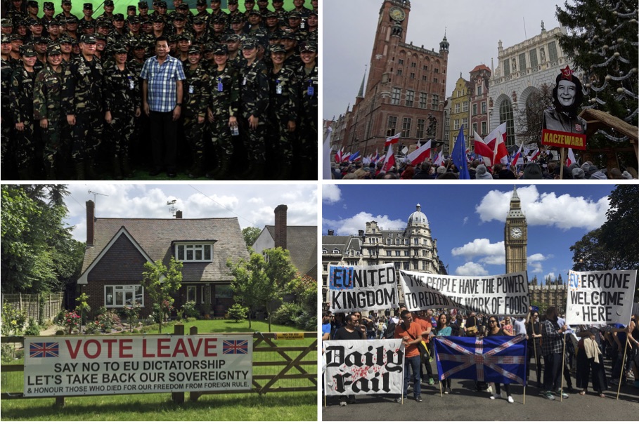 On the top left, President Rodrigo R. Duterte. On the top right, a 2015 demonstration in Gdansk, Poland. On the bottom left, a sign supporting Britain leaving the EU. On the bottom right, a 2016 London rally in favor of remaining in the EU.