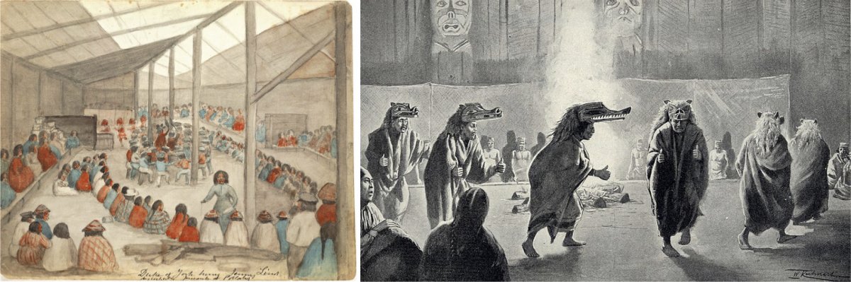 On the left, an 1859 painting of the Klallam people of Port Townsend, WA during a potlatch. ON the right, An 1894 painting of a potlatch ceremony held by the Kwakwaka’wala-speaking people of British Columbia.