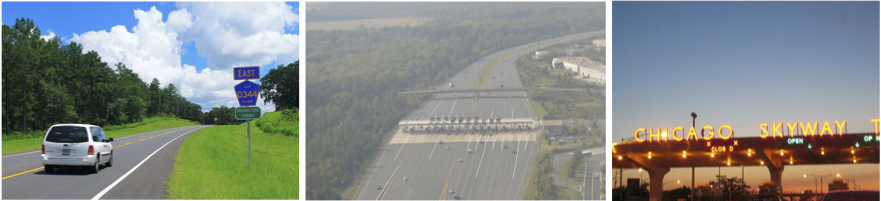 On the left, the Orchard Pond Parkway in Tallahassee, FL. In the middle, the toll plaza of the Dulles Greenway in Virginia. On the right, the Chicago Skyway.