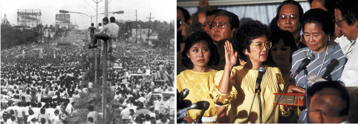 On the left, thousands of protesters filling Epifanio de los Santos Avenue. On the right, Corazon 'Cory' Aquino swearing in as President of the Philippines.